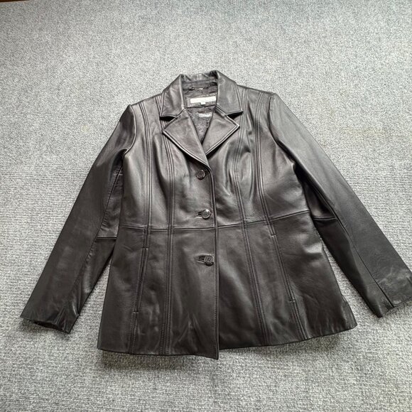 Wilsons Leather Jacket Womens L Black 3M Thinsulate‎ Insulation Blazer Button - Picture 1 of 16
